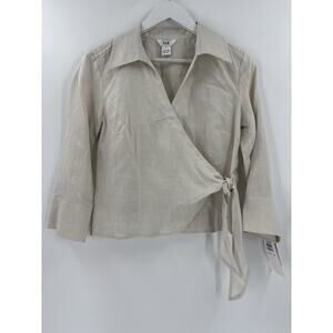 NWT Vintage S.L.B. Blouse Womens 6 Beige 100% Linen Wrap Side Tie Knot V Neck